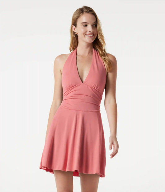 Deep V Neck Halter Built-in Bra Ruched Mini Casual Dress with Pockets