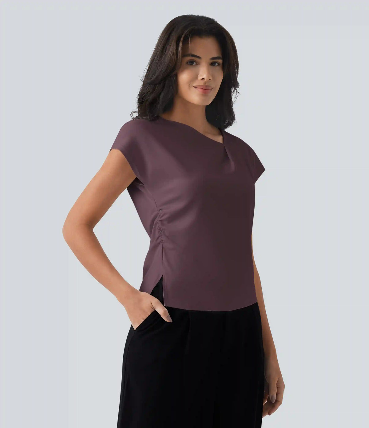 Asymmetric Cowl Neck Short Sleeve Ruched Split Hem Work Blouse