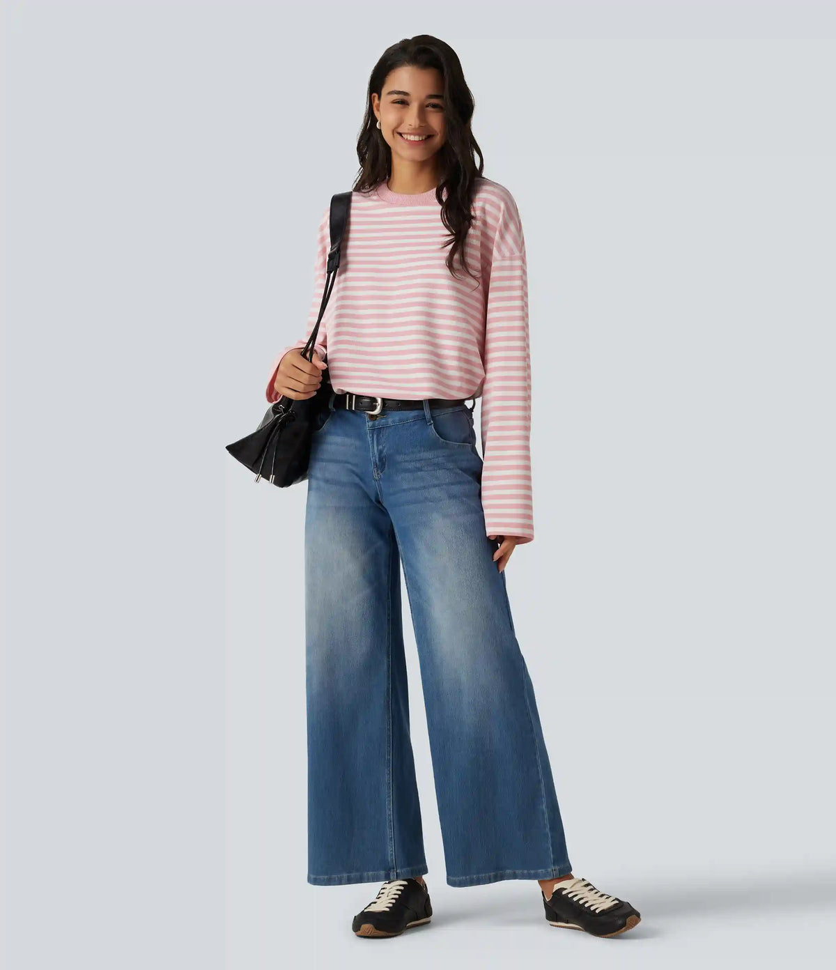 Round Neck Long Sleeve Stripe Waffle Casual Top