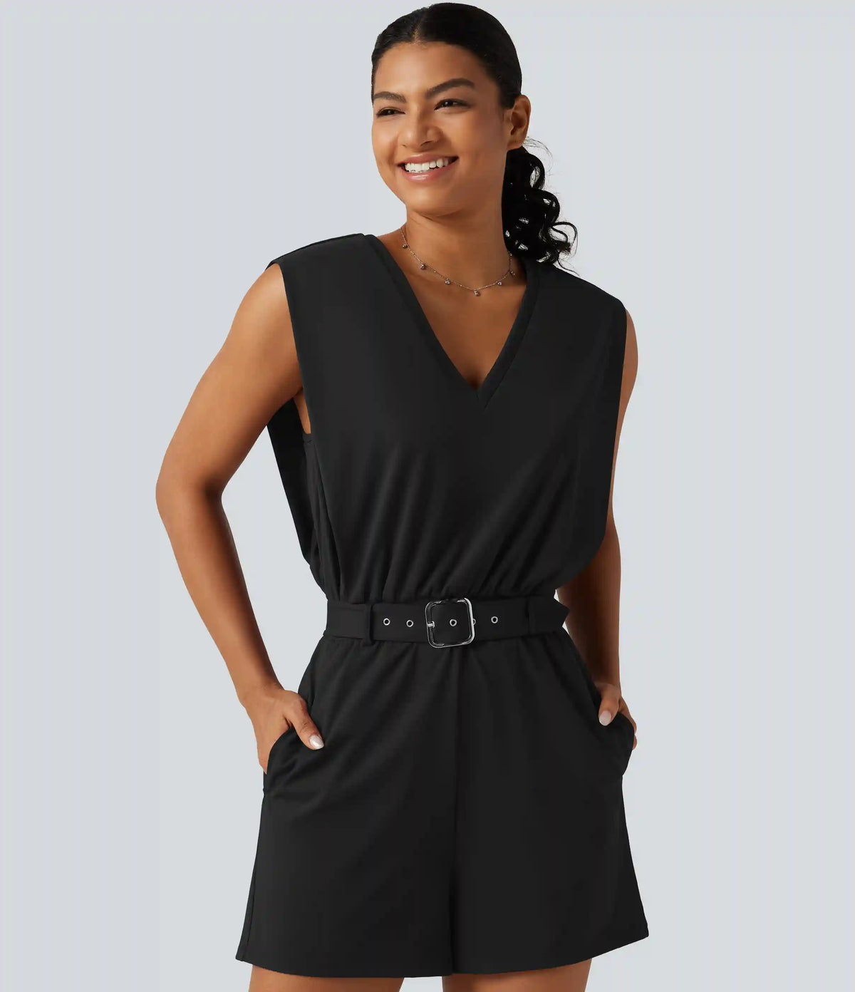 SoftlyZero™ Airy V Neck Sleeveless Belted InstantCool Casual Romper with Pockets-Easy Peezy Edition