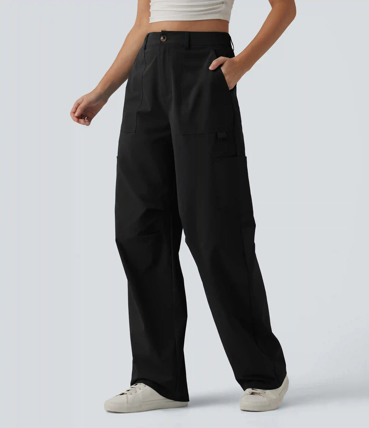 High Waisted Straight Leg Stretchy Poplin Casual Cargo Pants with Pockets