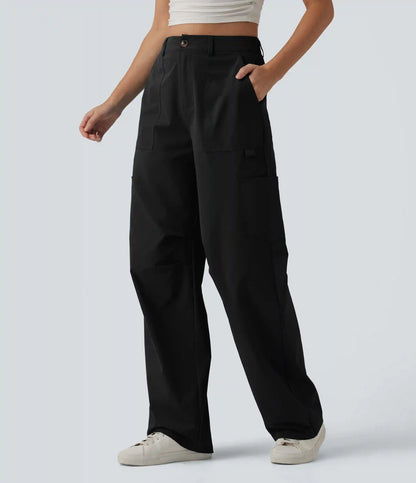 High Waisted Straight Leg Stretchy Poplin Casual Cargo Pants with Pockets