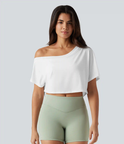 One Shoulder Short Sleeve Built-in Bra Quick Dry Yoga Sports Top