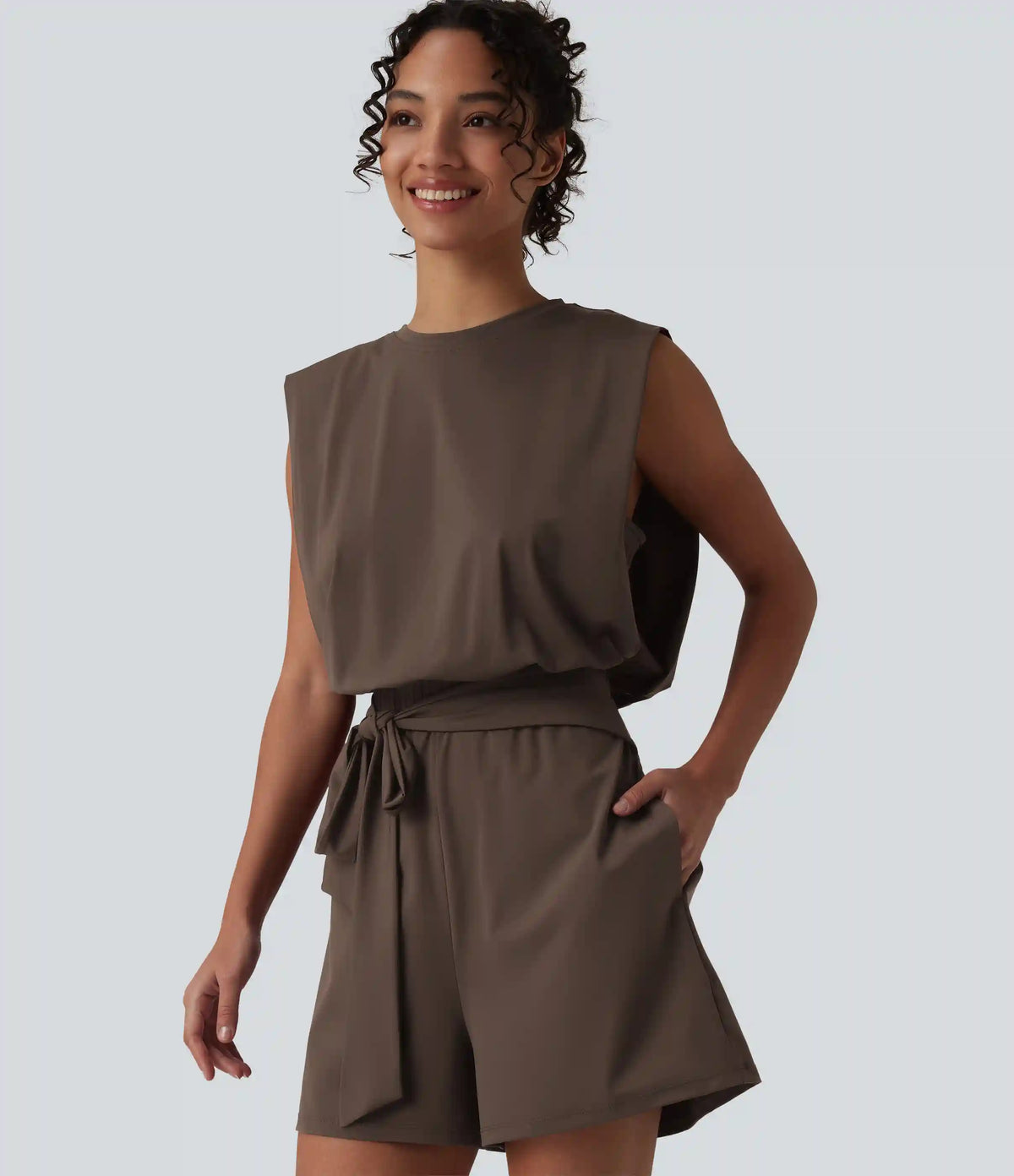 Round Neck Sleeveless Tie-front Cool Touch Casual Romper with Pockets-Easy Peezy-UPF50+