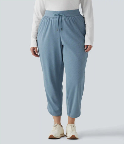 Plus Size Mid Rise Drawstring Curved Hem Quick Dry Golf Tapered Pants with Pockets-UPF40+