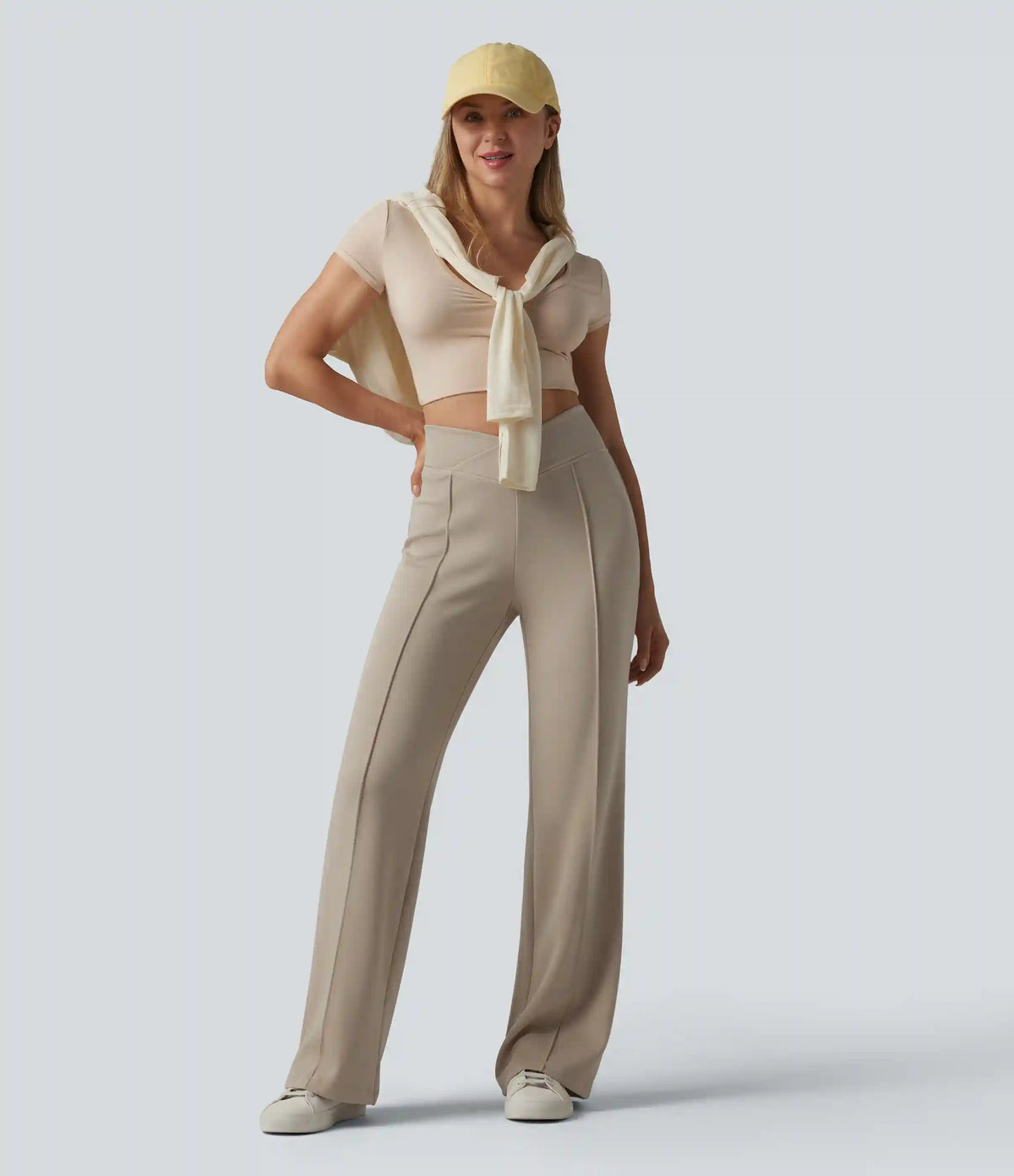 SpacerTek™ Crossover High Waisted Casual Flare Pants with Pockets