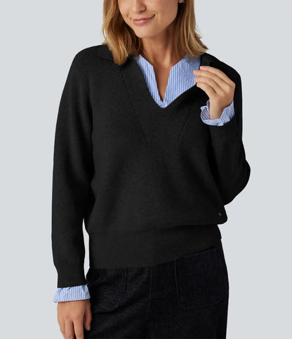 Collared V Neck Long Sleeve 2-in-1 Work Sweater