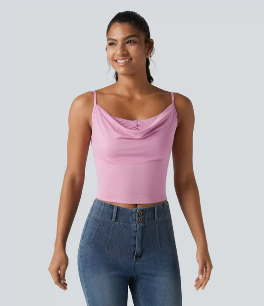 Ribbed Knit Cowl Neck Adjustable Straps Built-in Bra Casual Tank Top