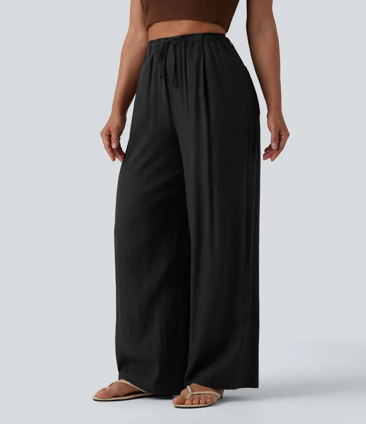 High Waisted Drawstring Linen-Feel Casual Baggy Pants with Pockets