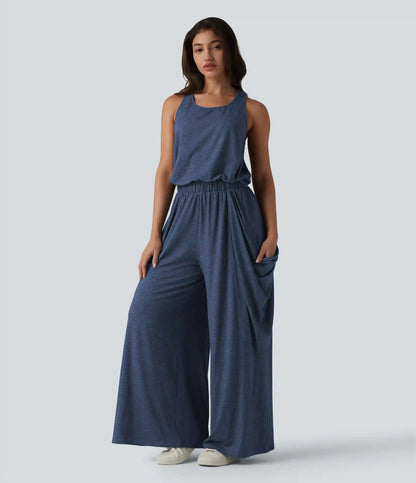 Sleeveless Cut Out Wide Leg Casual Jumpsuit with Pockets-Easy Peezy Edition