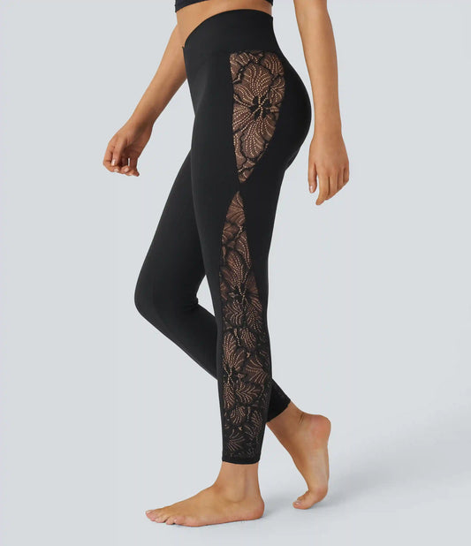 SoftlyZero™ High Waisted Crossover Contrast Lace Pocket Yoga Leggings