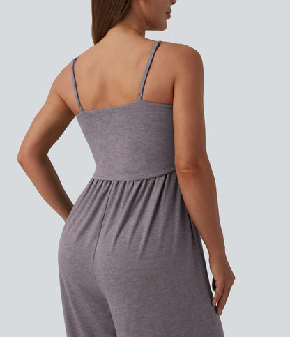 Adjustable Straps Ruched Wide Leg Heathered Casual Jumpsuit with Pockets-Easy Peezy