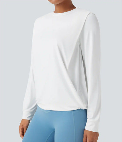 Round Neck Long Sleeve Ruched Yoga Sports Top-UPF50+