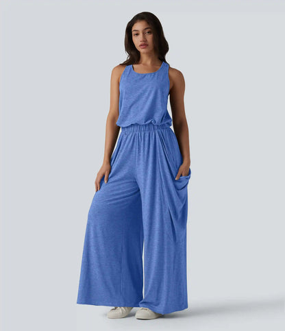 Sleeveless Cut Out Wide Leg Casual Jumpsuit with Pockets-Easy Peezy Edition