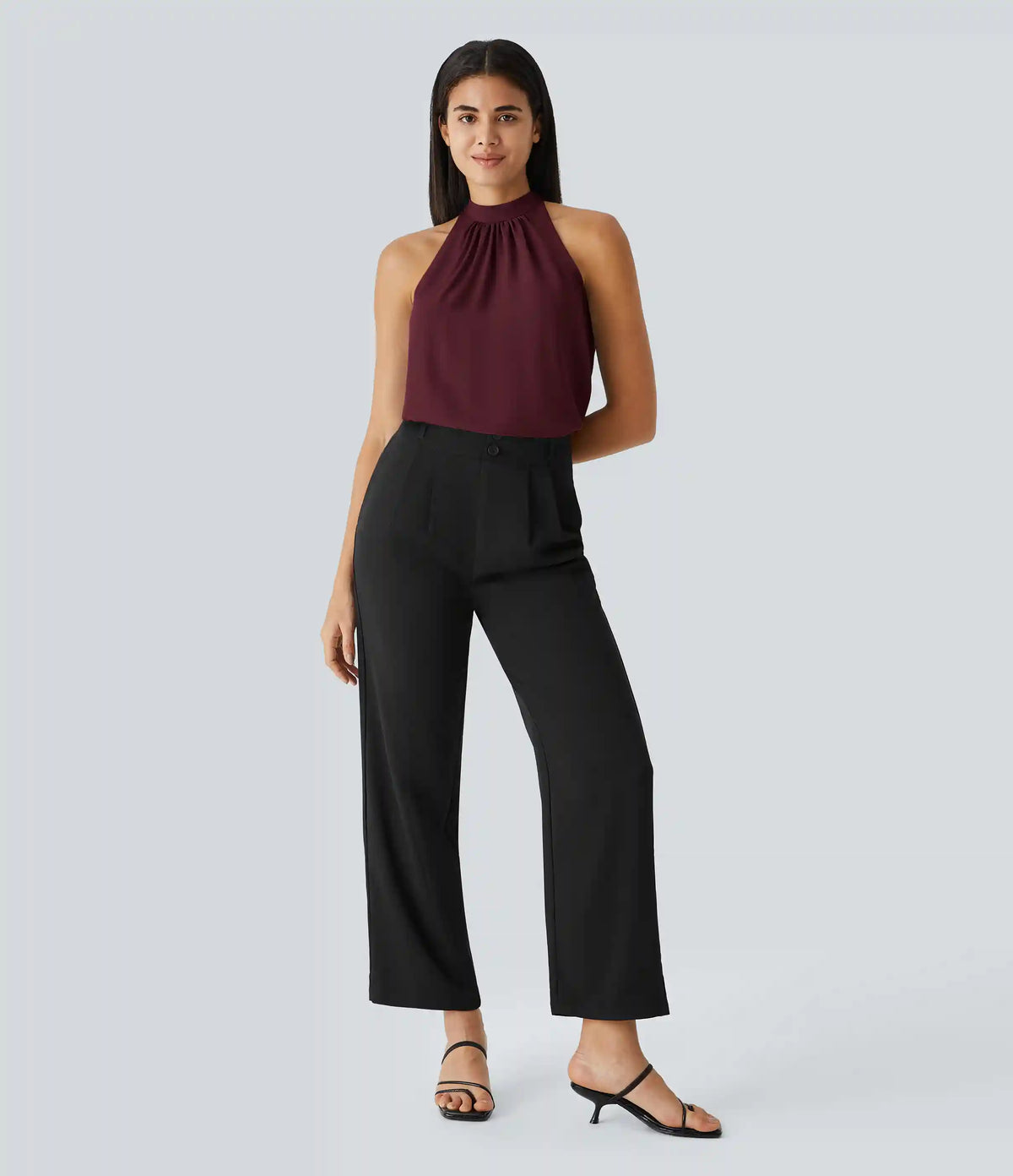 Keyhole Back Halter Sleeveless Curved Hem Work Blouse