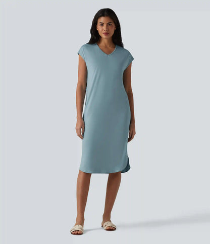 V-neck Short Sleeve Belted Curved Hem Casual T-Shirt Dress