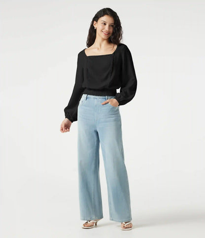 Square Neck Tie-back Bishop Sleeve Lace Panel Shirred Casual Linen-Feel Blouse
