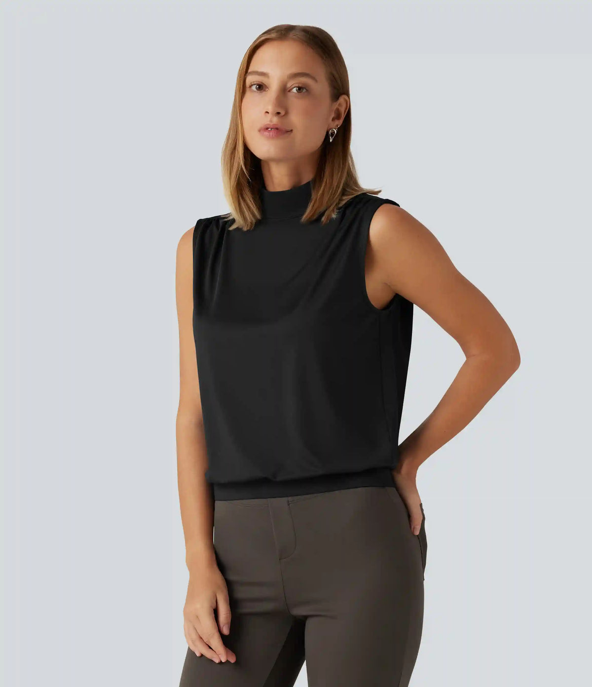 Stand Collar Ruched Work Tank Top