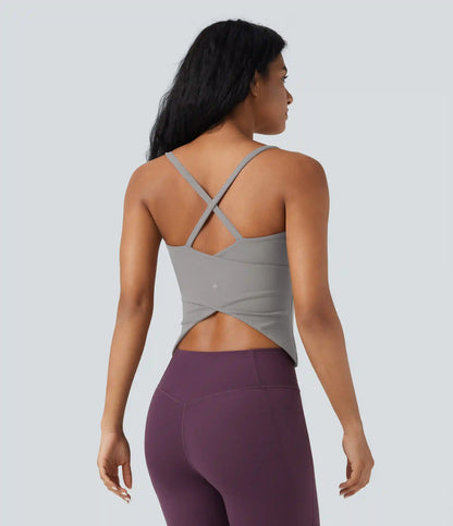 Scoop Neck Crisscross Back Crossover Hem Yoga Cami Top