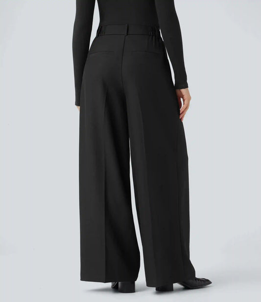 High Waisted Wide Leg Work Linen-Feel Pants with Pockets