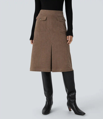 Mid Rise Front Side Flap Pocket Midi Corduroy Casual Skirt