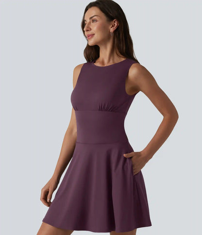 Boat Neck Sleeveless Flare Mini Casual Dress with Pockets