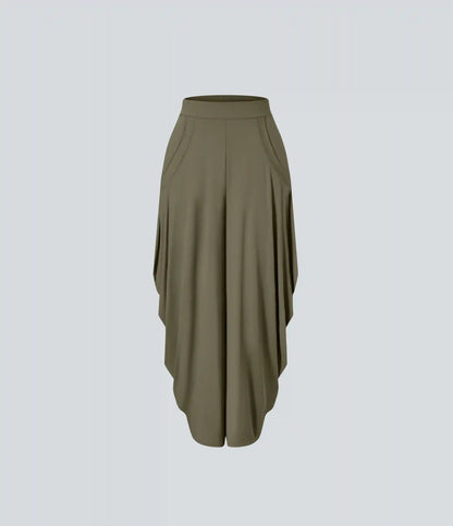 Mid Rise Pockets Draped Wide Leg Baggy Casual Pants