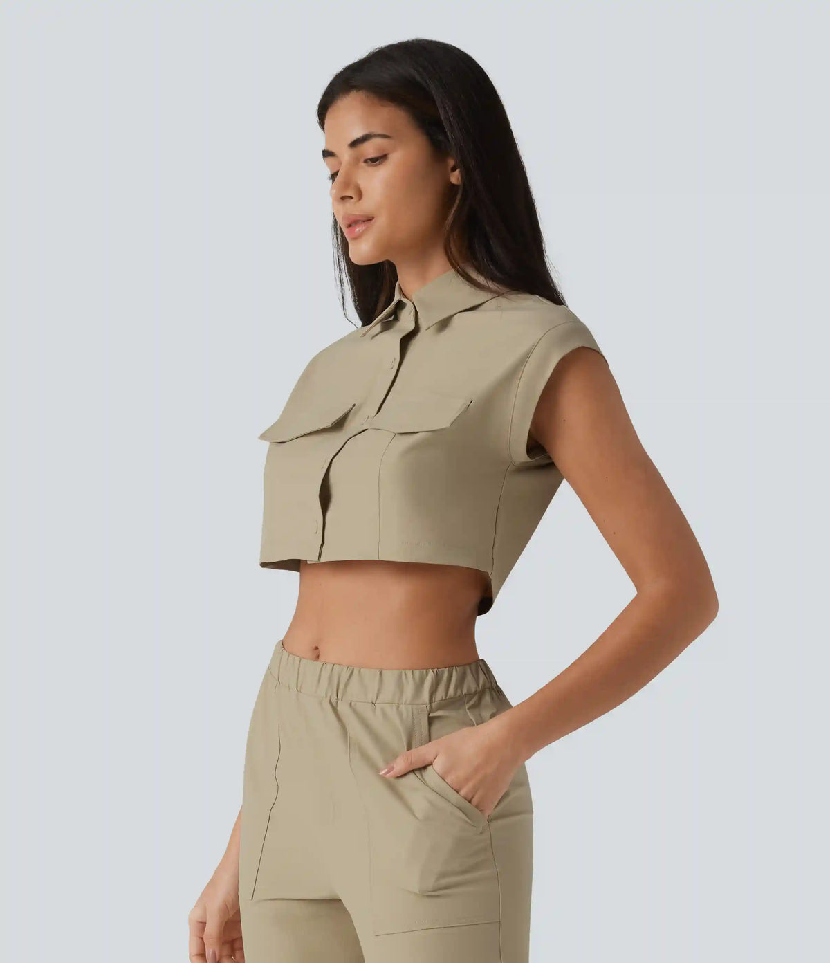 Cap Sleeve Stretchy Poplin Cropped Casual Cargo Shirt