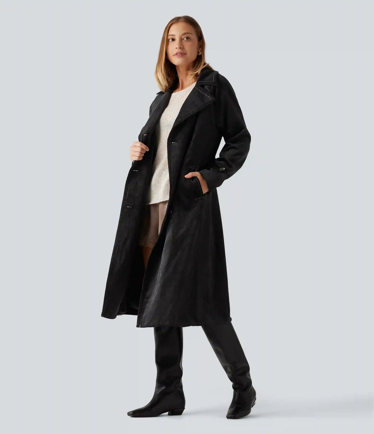 Long Sleeve Belted Longline Work Jacket with Pockets