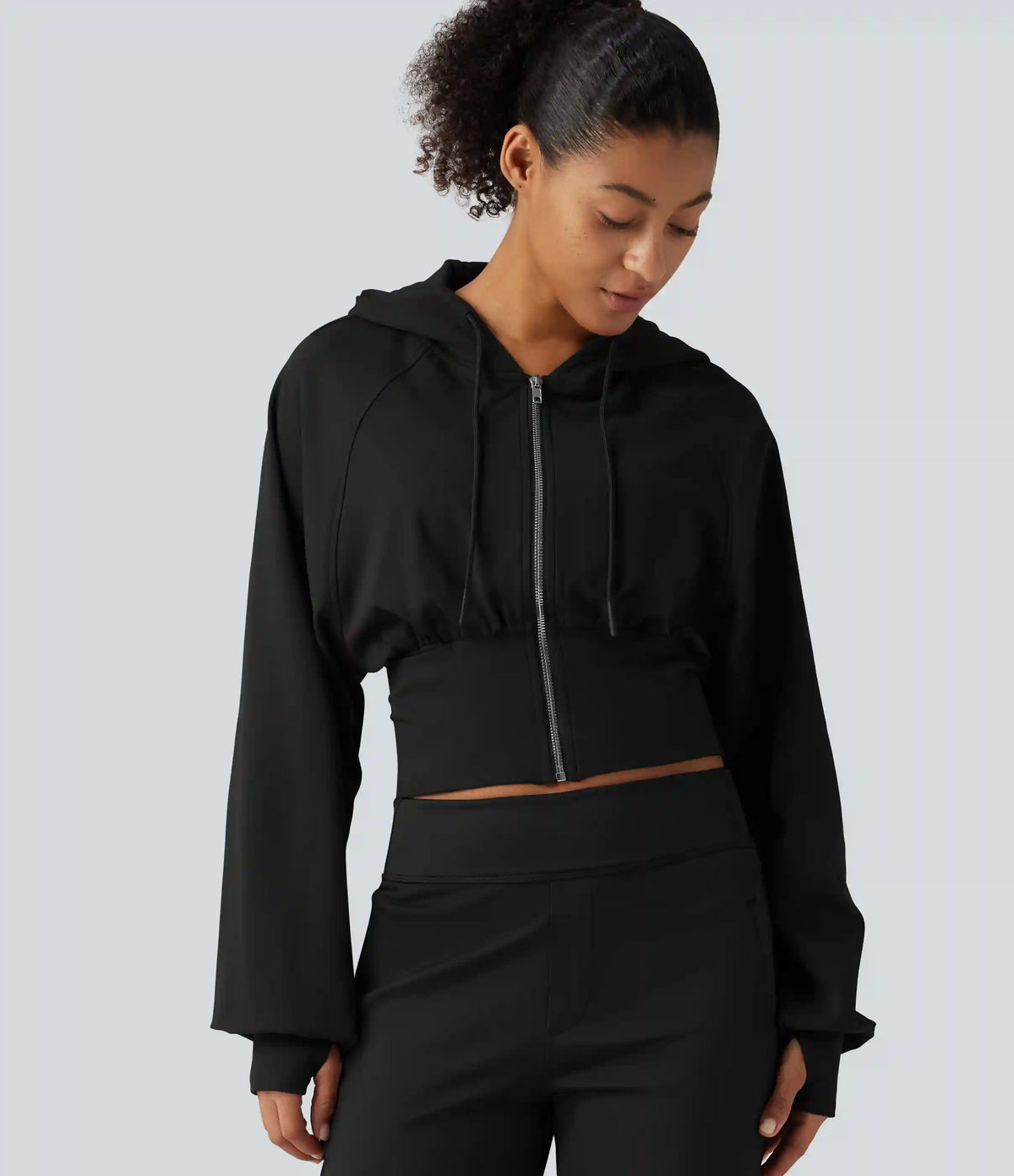 Hooded Raglan Sleeve Cropped Yoga Jacket with Hidden Pocket and Thumb Holes