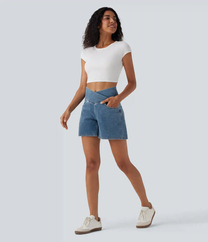 Halara Flex™ Crossover High Waisted Pockets Wide Leg A Line Washed Denim Casual Shorts