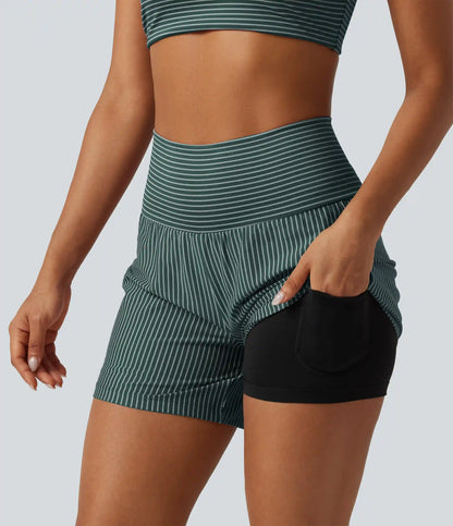 Super High Waisted 2-in-1 Stripe Yoga Shorts 5'' with Pockets