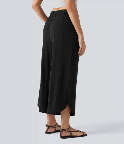 High Waisted Wide Leg Curved Hem Cropped Casual Stretch Linen Pants with Pockets