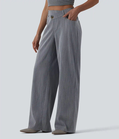 Crossover High Waisted Casual Linen-Feel Baggy Pants with Pockets
