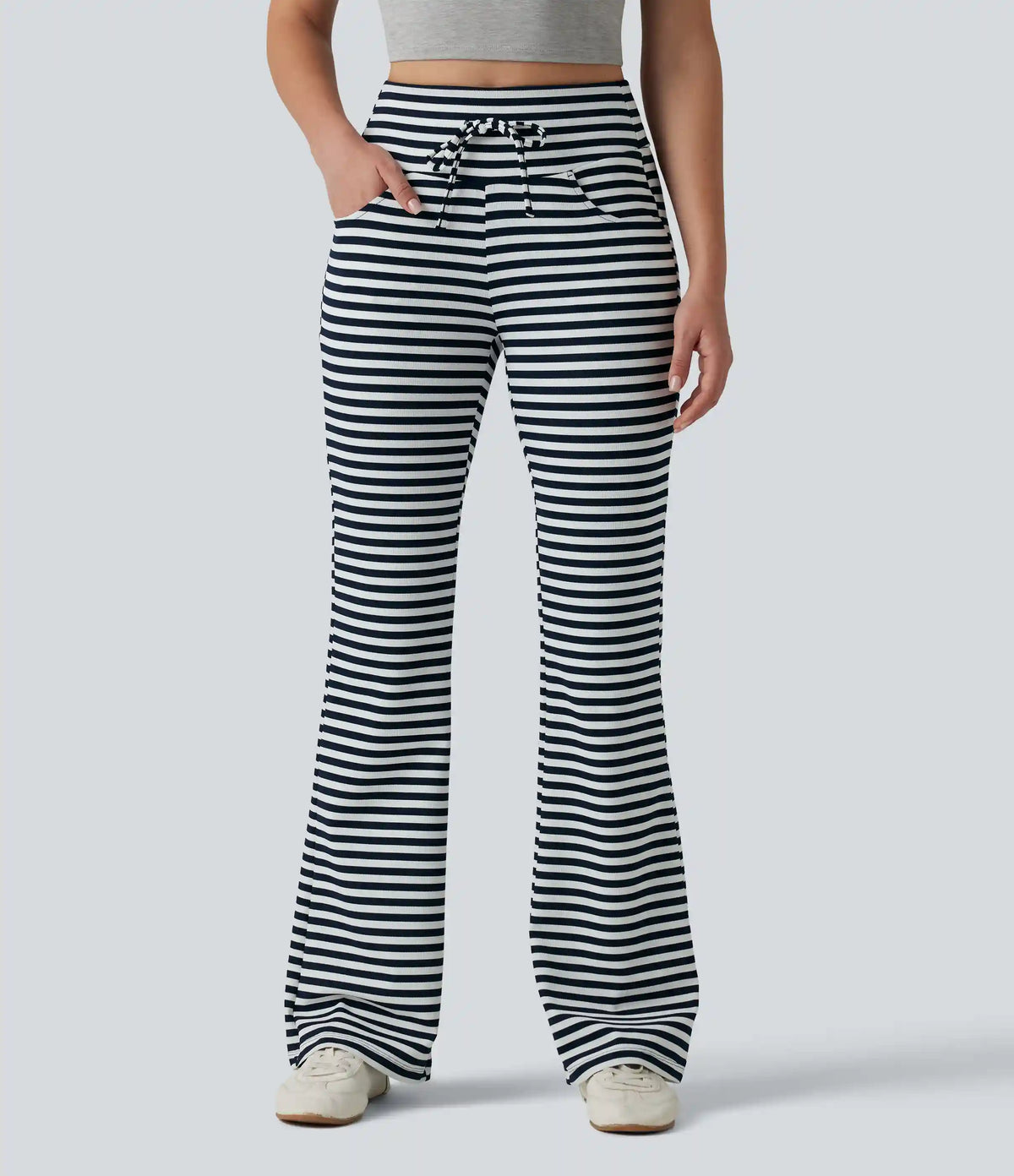 High Waisted Drawstring Tummy Control Stripe Waffle Flare Casual Pants with Pockets