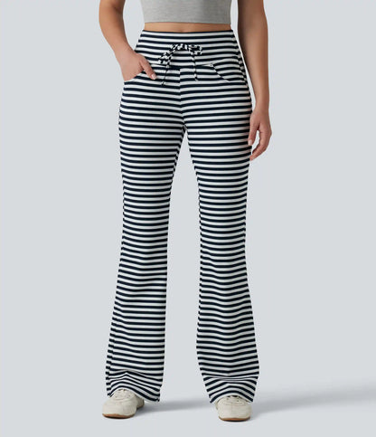 High Waisted Drawstring Tummy Control Stripe Waffle Flare Casual Pants with Pockets