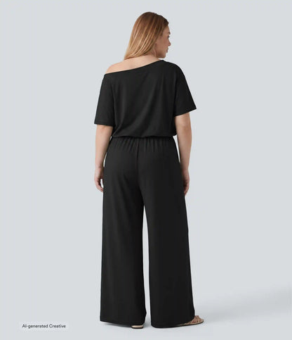 Plus Size Boat Neck Short Sleeve Drawstring Baggy Casual Jumpsuit with Pockets-Easy Peezy Edition