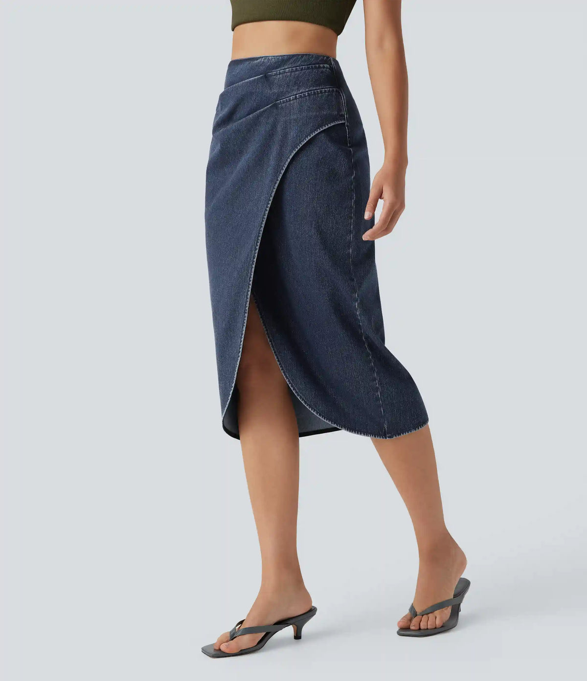 Halara Flex™ High Waisted Back Zipper Ruched Tulip Hem Midi Washed Denim Casual Skirt
