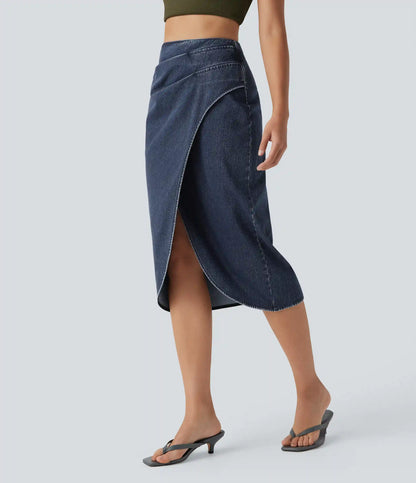 Halara Flex™ High Waisted Back Zipper Ruched Tulip Hem Midi Washed Denim Casual Skirt