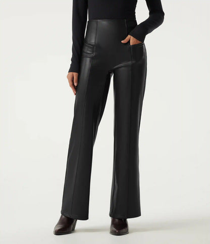 High Waisted Stretchy PU Fleece Tummy Control Casual Flare Pants with Pockets