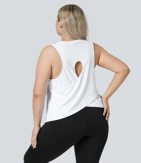 Cut Out Crossover Hem Solid Yoga Plus Size Tank Top