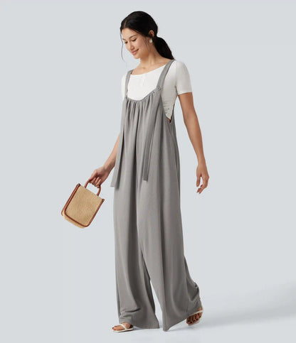 Adjustable Straps Waffle Casual Flowy Baggy Jumpsuit with Pockets