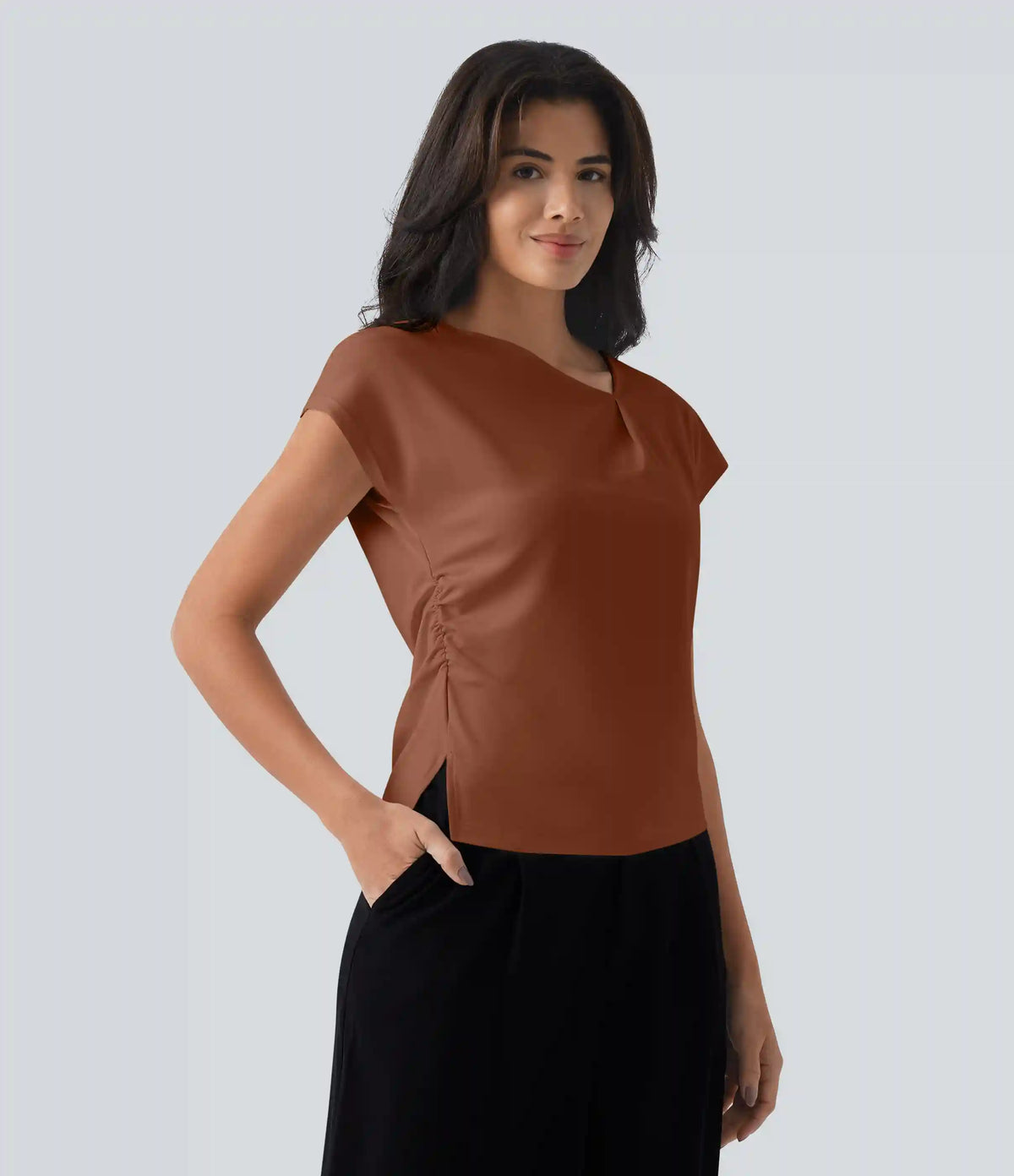Asymmetric Cowl Neck Short Sleeve Ruched Split Hem Work Blouse