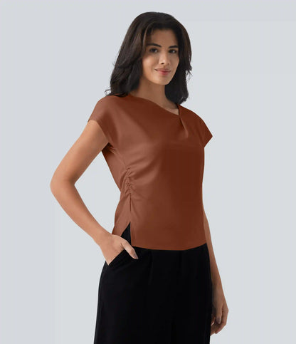 Asymmetric Cowl Neck Short Sleeve Ruched Split Hem Work Blouse