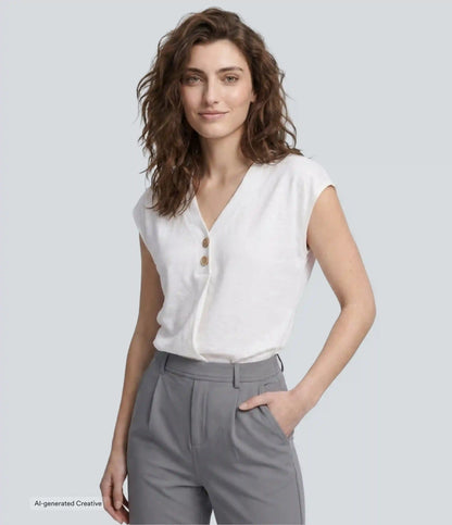 V Neck Cap Sleeve Decorative Work Blouse