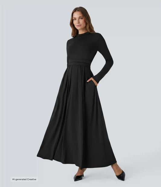 Mock-neck Long Sleeve Pocket Flare Maxi Casual Dress