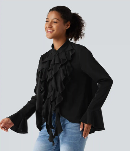 Wrinkle Recovery Stand Collar Ruffle Long Sleeve Party Shirt