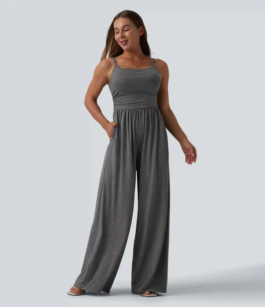 Adjustable Straps Ruched Wide Leg Heathered Casual Jumpsuit with Pockets-Easy Peezy