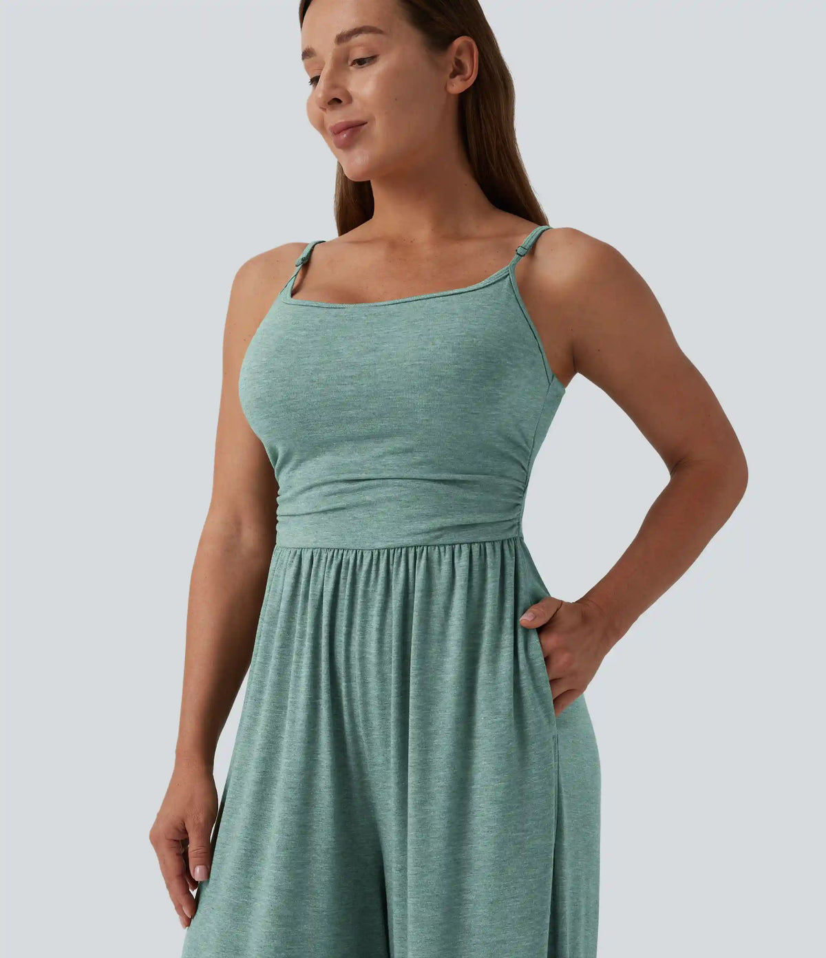 Adjustable Straps Ruched Wide Leg Heathered Casual Jumpsuit with Pockets-Easy Peezy