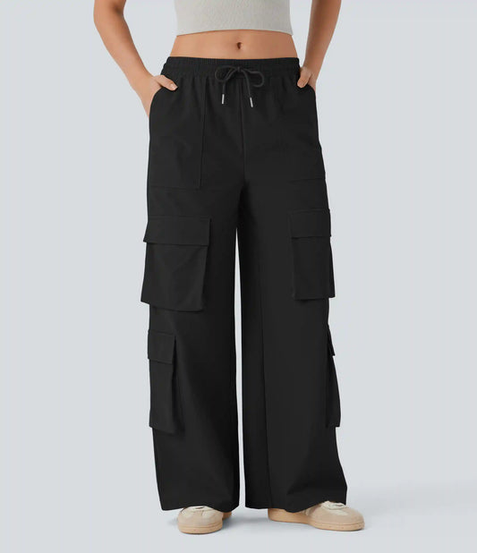Mid Rise Drawstring Pockets Wide Leg Cargo Casual Pants